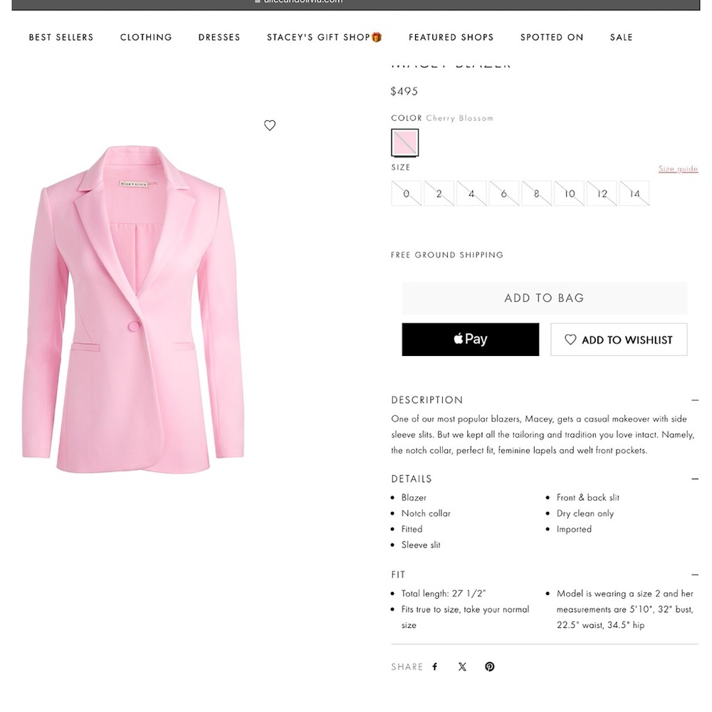 Alice + Olivia Macey Fitted Cherry Blossom Pink Blazer Jacket - Picture 4 of 14